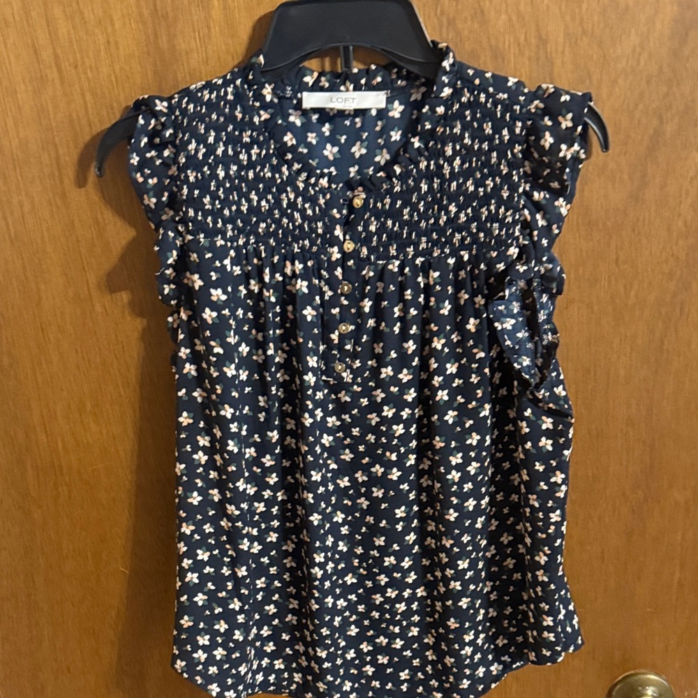 LOFT Midnight Blue Blouse with Cream Floral Pattern